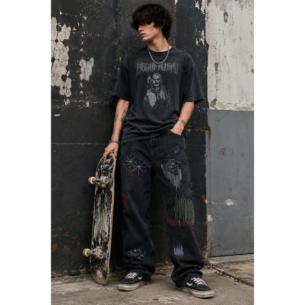 Custom Levi's 42x30 Baggy Jeans Black Distressed Streetwear Skater Grunge Y2K